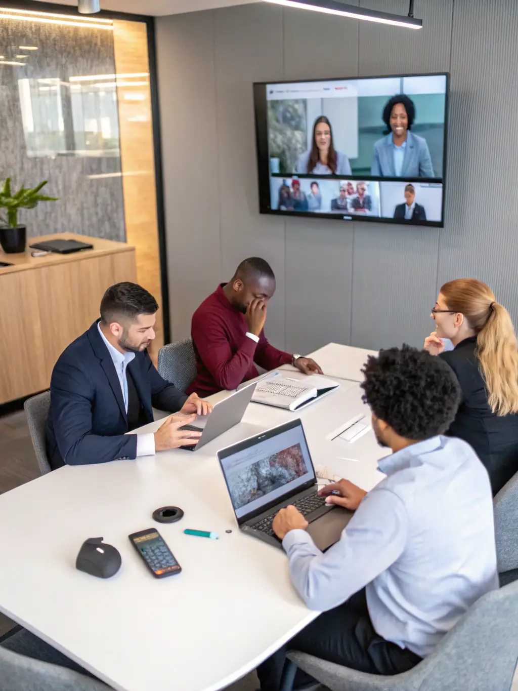 A diverse team collaborating virtually through video conferencing, showcasing seamless communication and teamwork across different locations.