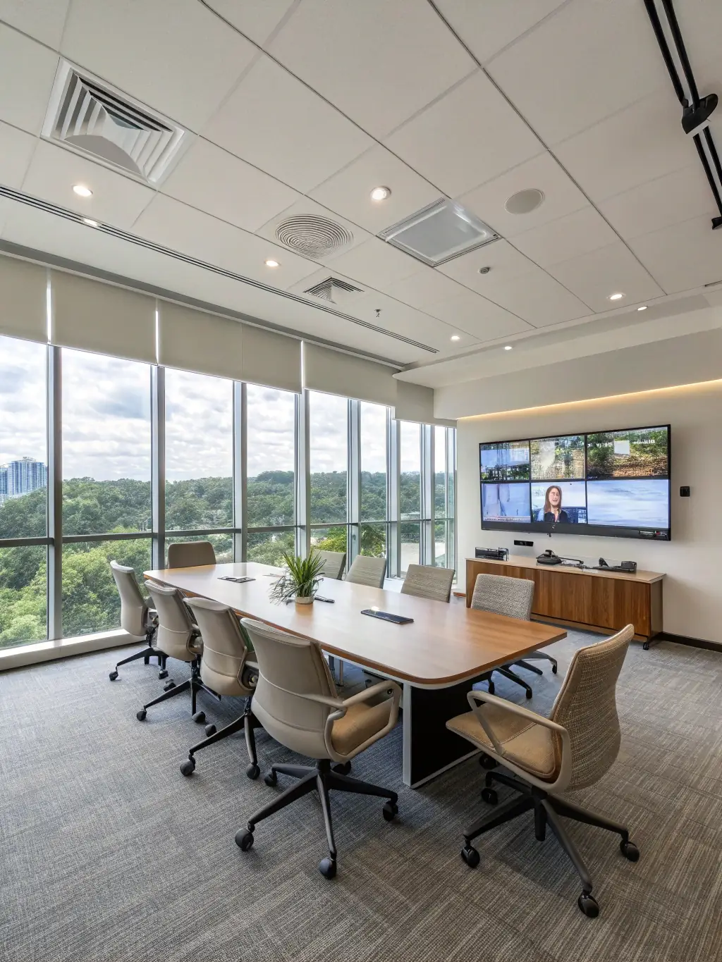 A well-equipped meeting room with video conferencing setup, highlighting the meeting room access feature.