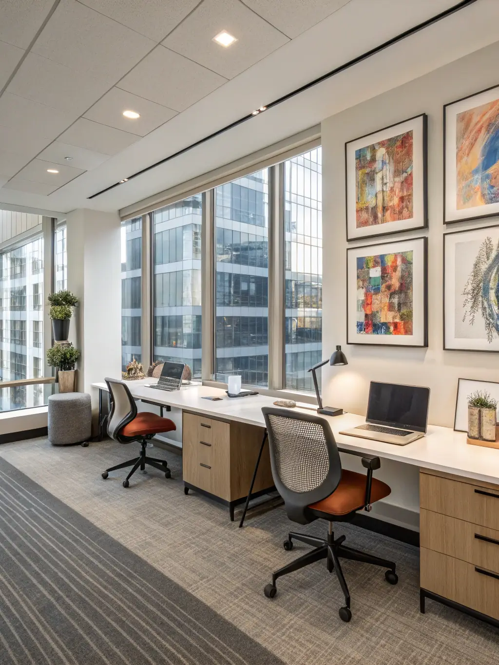 A sleek, modern office interior with a view of the Chicago skyline, highlighting First Officium's virtual office services in Illinois.