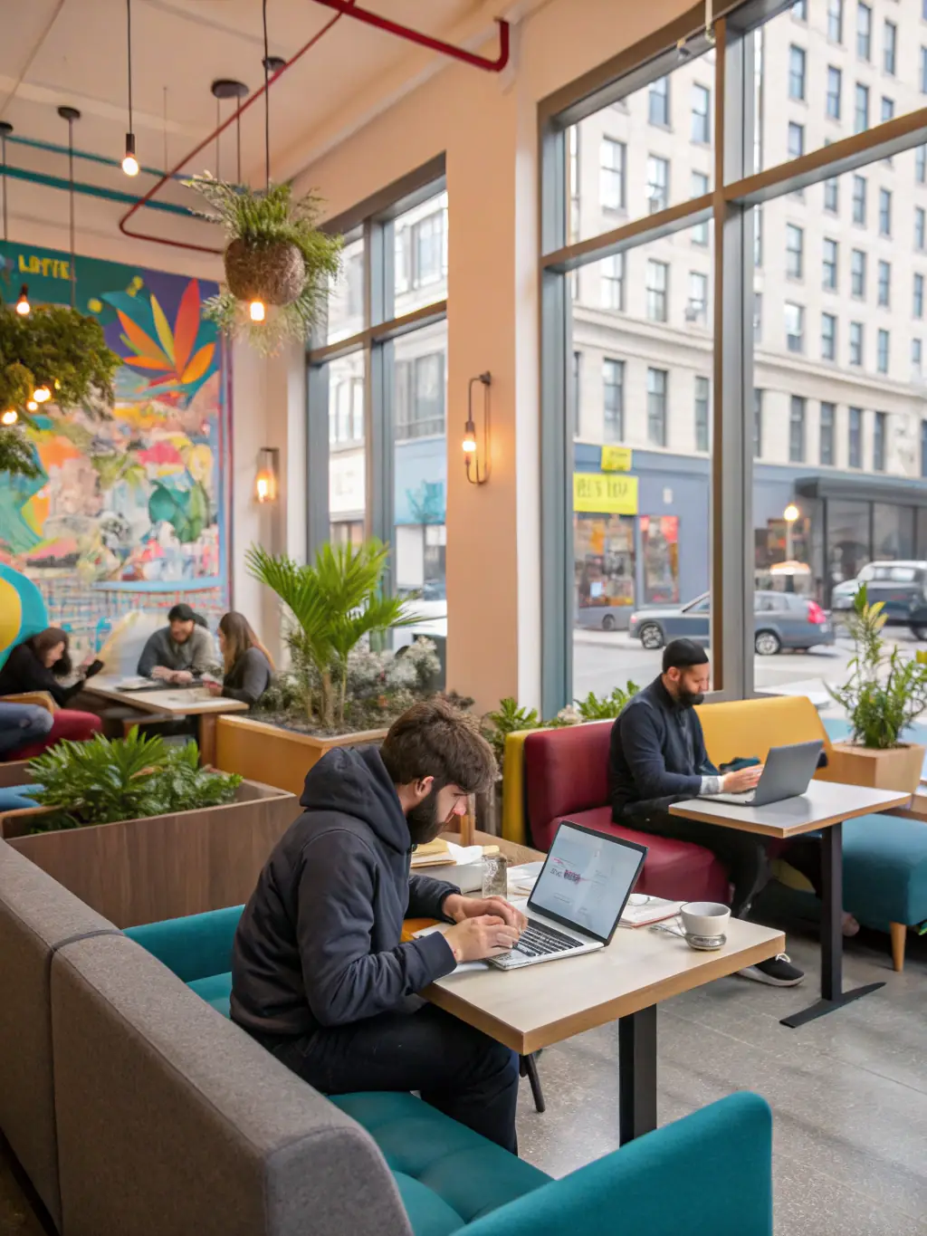 A bright and professional co-working space with individuals working on laptops, representing First Officium's virtual office presence in San Francisco, California.