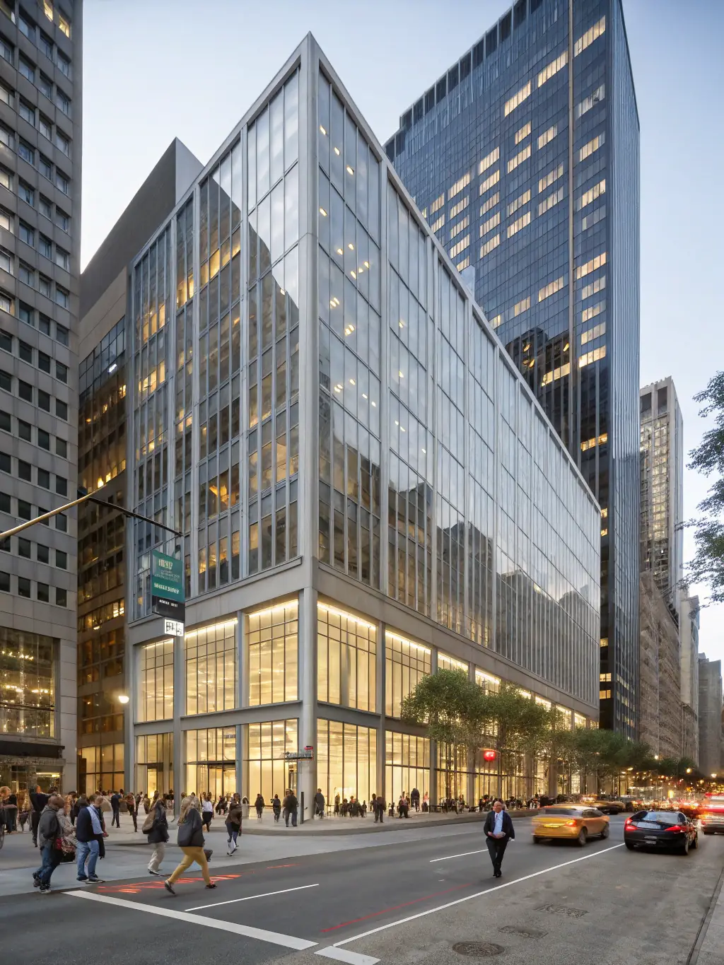 A modern office building exterior during daytime, showcasing a prestigious business address in downtown Manhattan, New York, for First Officium's virtual office clients.