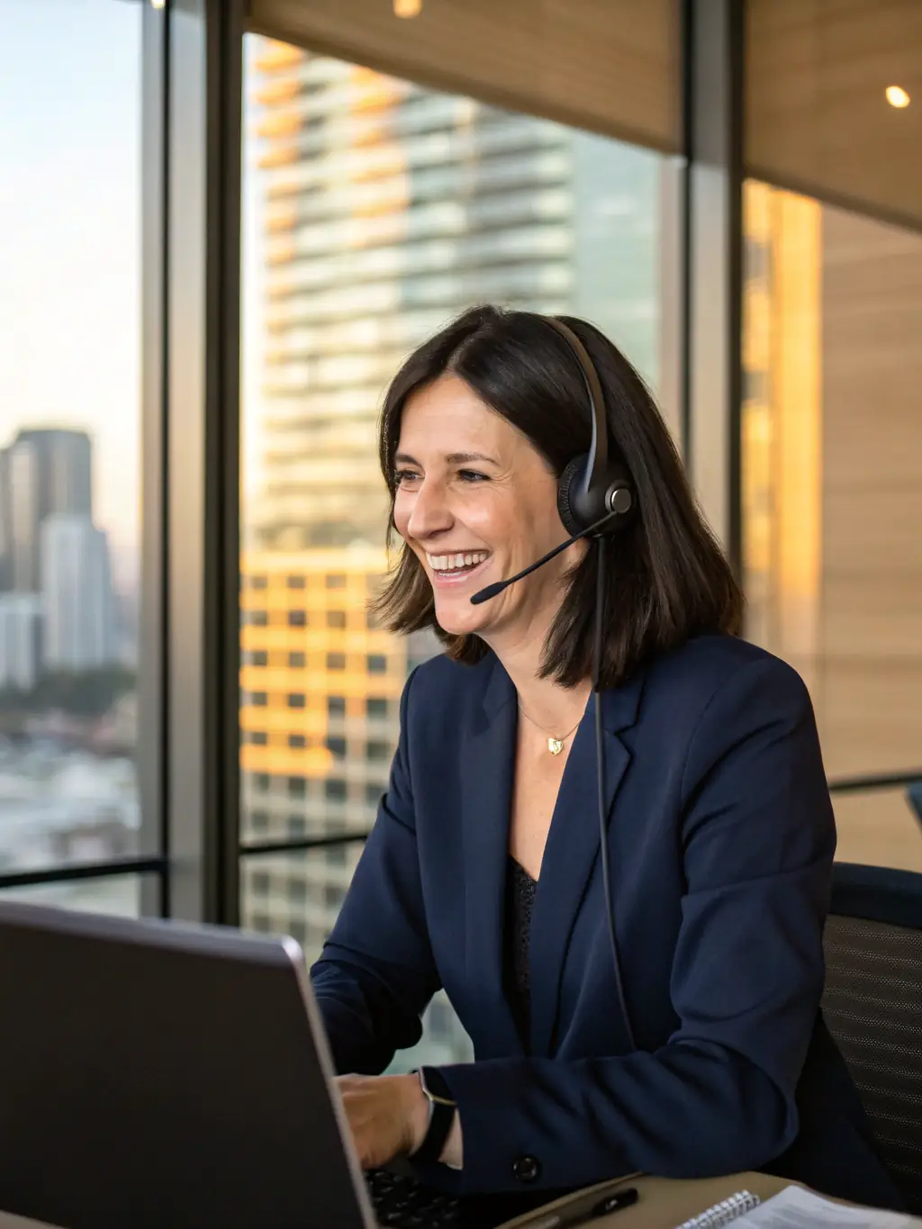 A person on a headset answering a call, representing dedicated phone answering services in the Premium Virtual Office Package.